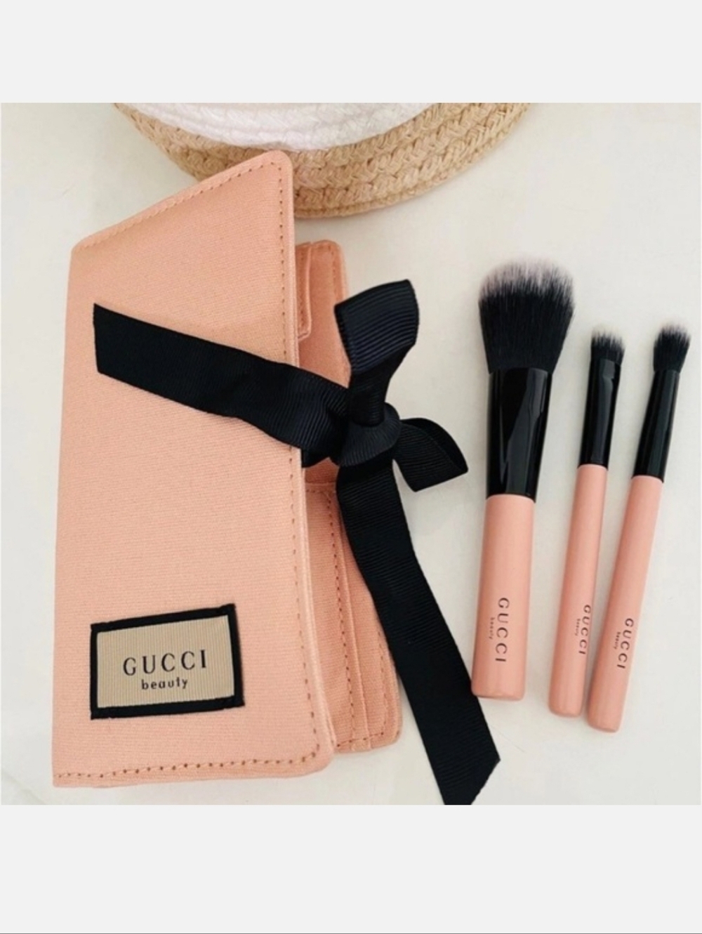 Gucci Pink Canvas Beauty Brush Case with Black Ribbon